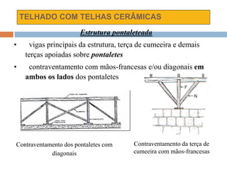 TELHADO COM TELHAS CERÂMICAS
Estrutura pontaleteada
• vigas principais da estrutura, terça de cumeeira e demais
terças apoiadas sobre pontaletes
• contraventamento com mãos-francesas e/ou diagonais em
ambos os lados dos pontaletes
Contraventamento dos pontaletes com
diagonais
Contraventamento da terça de
cumeeira com mãos-francesas
 