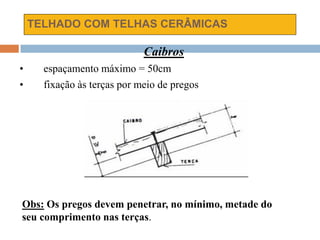 TELHADO COM TELHAS CERÂMICAS
Caibros
• espaçamento máximo = 50cm
• fixação às terças por meio de pregos
Obs: Os pregos devem penetrar, no mínimo, metade do
seu comprimento nas terças.
 