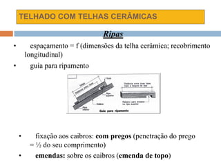 TELHADO COM TELHAS CERÂMICAS
Ripas
• espaçamento = f (dimensões da telha cerâmica; recobrimento
longitudinal)
• guia para ripamento
• fixação aos caibros: com pregos (penetração do prego
= ½ do seu comprimento)
• emendas: sobre os caibros (emenda de topo)
 