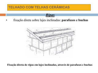 TELHADO COM TELHAS CERÂMICAS
Ripas
• fixação direta sobre lajes inclinadas: parafusos e buchas
Fixação direta de ripas em lajes inclinadas, através de parafusos e buchas
 