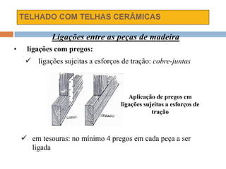 TELHADO COM TELHAS CERÂMICAS
Ligações entre as peças de madeira
• ligações com pregos:
 ligações sujeitas a esforços de tração: cobre-juntas
Aplicação de pregos em
ligações sujeitas a esforços de
tração
 em tesouras: no mínimo 4 pregos em cada peça a ser
ligada
 