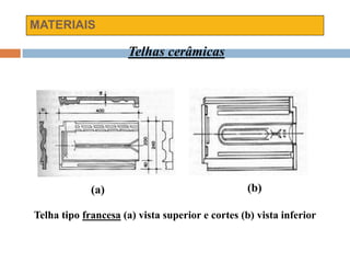 MATERIAIS
Telhas cerâmicas
Telha tipo francesa (a) vista superior e cortes (b) vista inferior
(a) (b)
 