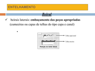 ENTELHAMENTO

Telha capa/canal
Telha encaixe
Beiral
 beirais laterais: emboçamento das peças apropriadas
(cumeeiras ou capas de telhas do tipo capa e canal)
 