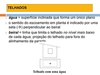 TELHADOS
 água = superfície inclinada que forma um único plano
 o sentido do escoamento em planta é indicado por uma
seta () perpendicular ao beiral
 beiral = linha que limita o telhado no nível mais baixo
de cada água; projeção do telhado para fora do
alinhamento da parede
Telhado com uma água
 