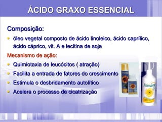 ÁCIDO GRAXO ESSENCIAL
Composição:
 óleo vegetal composto de ácido linoleico, ácido caprílico,
ácido cáprico, vit. A e lecitina de soja
Mecanismo de ação:
 Quimiotaxia de leucócitos ( atração)
 Facilita a entrada de fatores do crescimento
 Estimula o desbridamento autolítico
 Acelera o processo de cicatrização
 