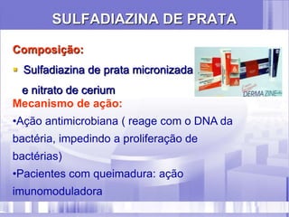 SULFADIAZINA DE PRATA
Composição:
 Sulfadiazina de prata micronizada
e nitrato de cerium
Mecanismo de ação:
•Ação antimicrobiana ( reage com o DNA da
bactéria, impedindo a proliferação de
bactérias)
•Pacientes com queimadura: ação
imunomoduladora
 