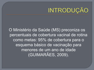 O Ministério da Saúde (MS) preconiza os
percentuais de cobertura vacinal de rotina
como metas: 95% de cobertura para o
esquema básico de vacinação para
menores de um ano de idade
(GUIMARÃES, 2009).
 