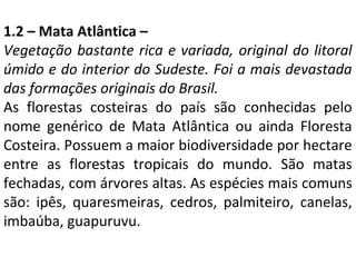 1.2 – Mata Atlântica –
Vegetação bastante rica e variada, original do litoral
úmido e do interior do Sudeste. Foi a mais devastada
das formações originais do Brasil.
As florestas costeiras do país são conhecidas pelo
nome genérico de Mata Atlântica ou ainda Floresta
Costeira. Possuem a maior biodiversidade por hectare
entre as florestas tropicais do mundo. São matas
fechadas, com árvores altas. As espécies mais comuns
são: ipês, quaresmeiras, cedros, palmiteiro, canelas,
imbaúba, guapuruvu.
 
