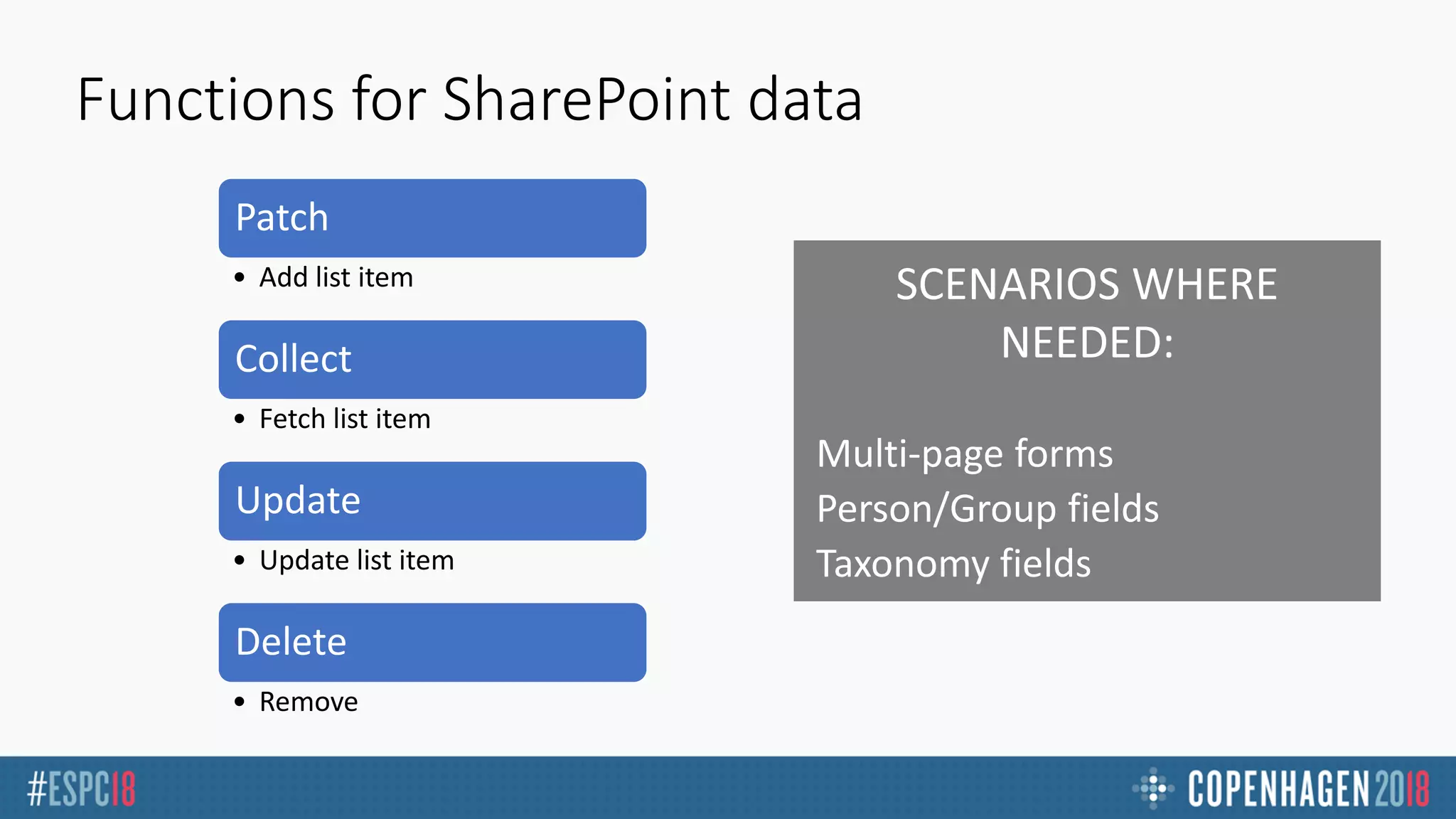 Functions for SharePoint data
Patch
• Add list item
Collect
• Fetch list item
Update
• Update list item
Delete
• Remove
Multi-page forms
Person/Group fields
Taxonomy fields
 