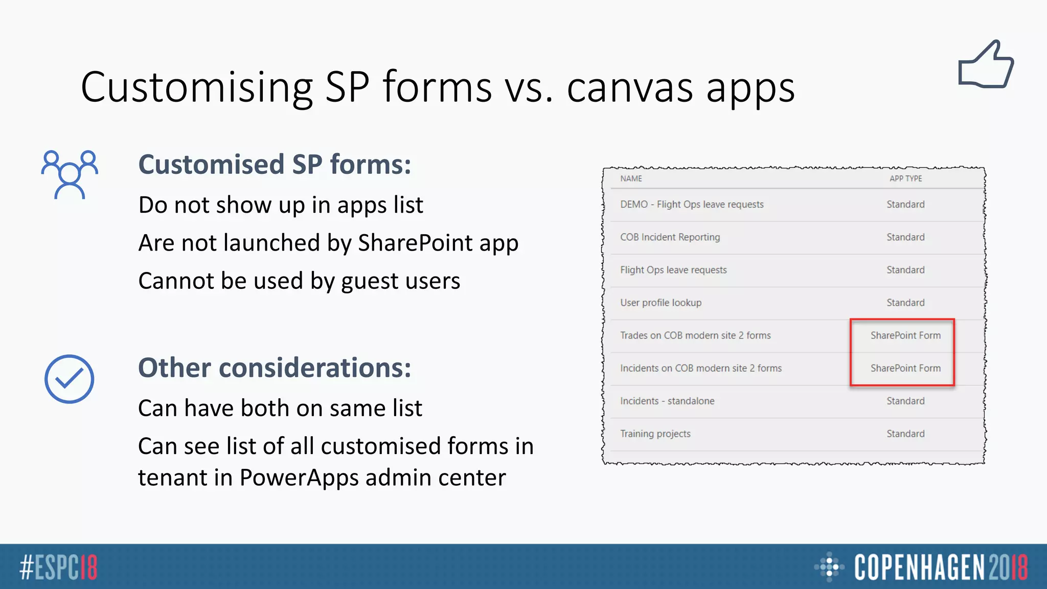 Customising SP forms vs. canvas apps
Customised SP forms:
Other considerations:
 