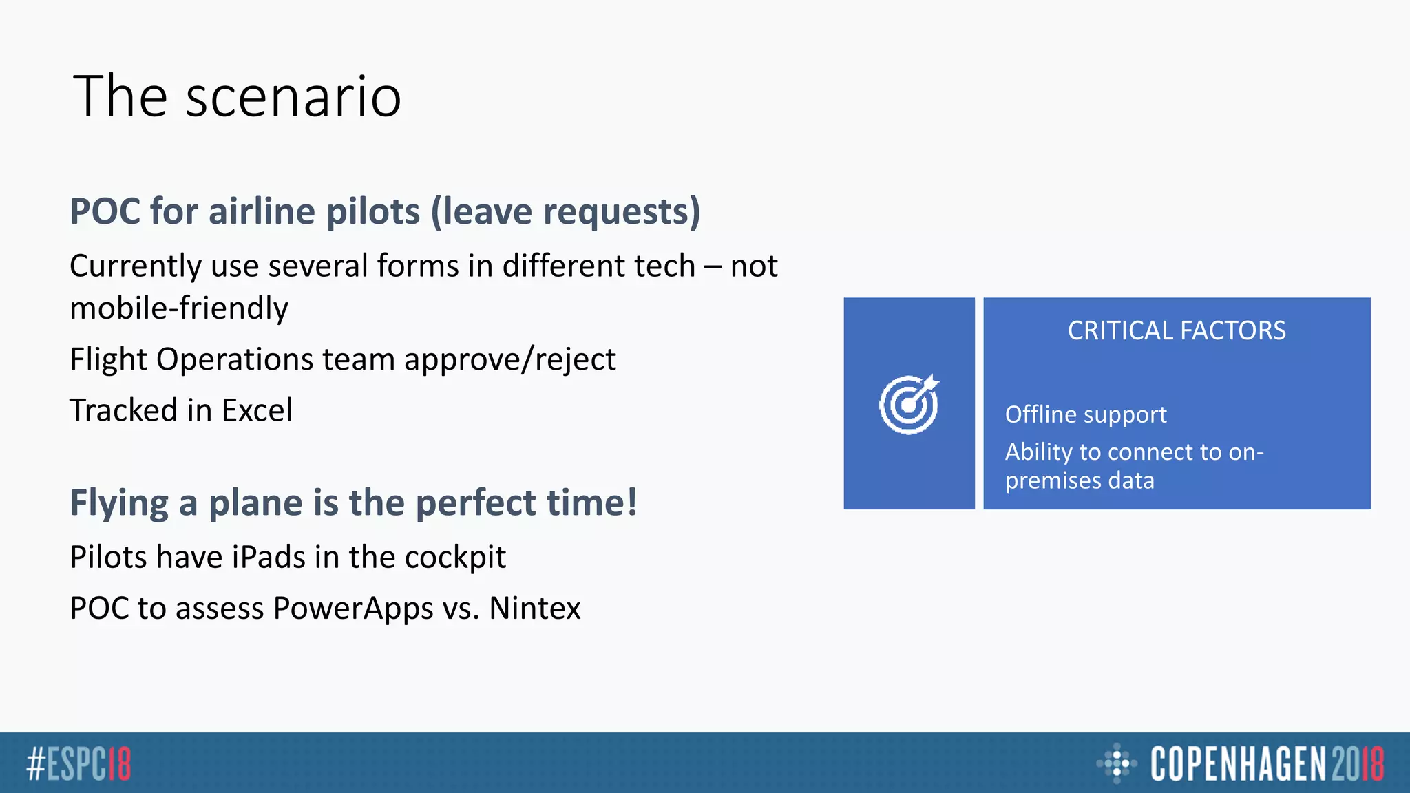 The scenario
POC for airline pilots (leave requests)
Flying a plane is the perfect time!
Offline support
Ability to connect to on-
premises data
 
