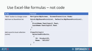 Use Excel-like formulas – not code
To do Formula
“Next” button to change screen Navigate(MyScreen, ScreenTransition.Fade)
...