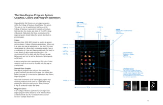16
Any publication that focuses on non-degree programs
within the College of Business should follow this system.
The same is true for publications that focus on the
College of Business in general (for example, a brochure
that describes the mission and vision of the UST College
of Business). Publications that focus exclusively on the
degree programs should follow the system described on
previous pages.
Colors
Black and Silver (PMS 8001) should be used in all general
and non-degree College of Business publications. When cost
is an issue, grey may be substituted for the silver.The cover
should always be a dense black created by running Cyan or
a combination of Cyan and Magenta underneath the black to
create density. In pieces using only two colors, it is
recommended that the black and silver be used as page
backgrounds and text, as well as duotones of photography
and artwork.
In pieces using four-color separations, a fifth color of silver
should be used as an accent or flooded onto the page as
a background.
Stained Glass Graphic
Non-degree programs must only use the stained glass
graphic treatment described on this page.The stained glass
banner (see page 6) is reserved for publications that feature
degree programs.
Note: Both treatments of the stained glass graphic must
never be produced on the cover of a publication using
anything less than four-color process. Inside, however,
it may be produced in black and white.
Program names
In all College of Business publications, non-degree and
degree program names should be set in Helvetica Neue
Condensed Bold. See the “Graduate Business Career
Services” example shown here.
Graduate Business
Career Services
Connecting College of
Business graduate
students and alumni
with career success
College of Business
CoB TYPE:
Garamond 3 Medium
16pt
Optical kerning
STAINED GLASS
This art for the College of Business
consists of two objects: an image and a
mask. By simply changing the mask, many
variations can be produced without
incurring additional cost for new artwork
and new color separations.
HEAD:
Helvetica Neue Condensed Bold
13pt/14pt
Optical kerning
DESCRIPTION:
Garamond 3 Medium
10pt/12pt
Optical kerning
1.1111 in
1.8681 in
2.6979 in
9.9375 in
1.3958 in
6.1563 in
5.7292 in
3.4219 in
8.5 in
11 in
0.75 in
7.5 in
The Non-Degree Program System
Graphics, Colors and Program Identifiers
 