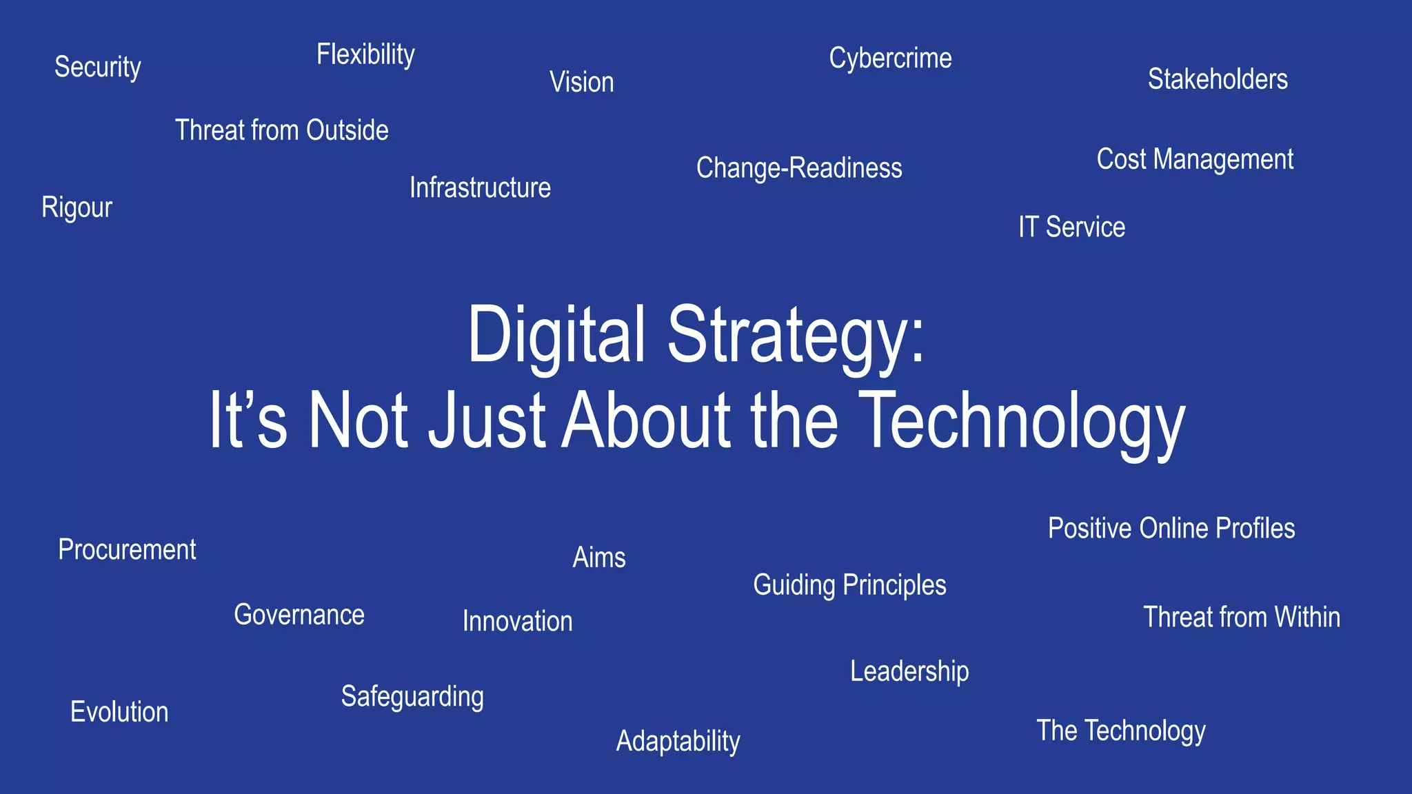 Digital Strategy:
It’s Not Just About the Technology
Flexibility
Change-Readiness
Security
Threat from Outside
Governance
Stakeholders
Rigour
Evolution
Cost Management
Vision
Guiding Principles
AimsProcurement
Adaptability
Threat from Within
The Technology
Cybercrime
Safeguarding
Infrastructure
IT Service
Leadership
Innovation
Positive Online Profiles
 