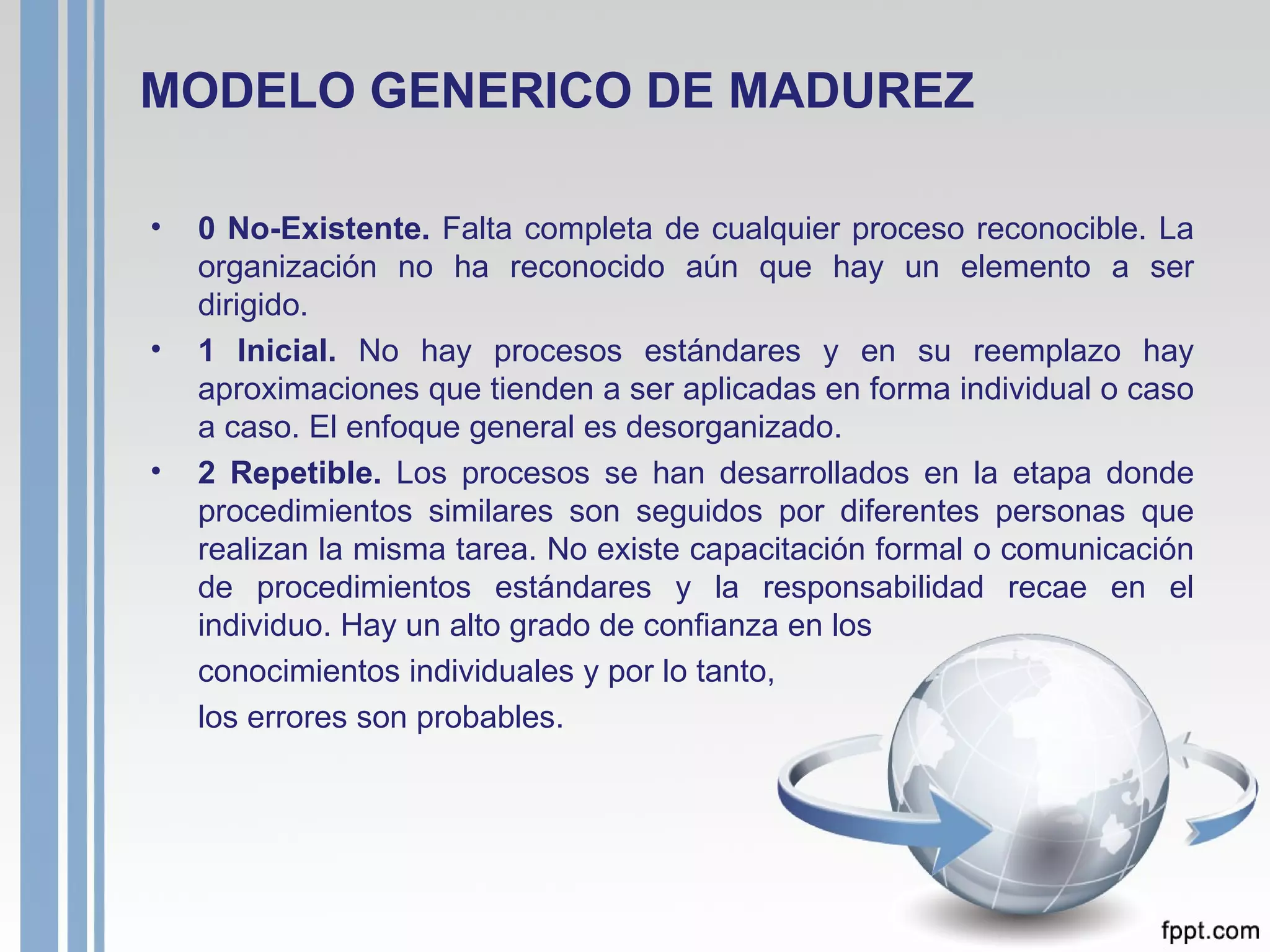MODELO GENERICO DE MADUREZ 0 No-Existente.  Falta completa de cualquier proceso reconocible. La organización no ha reconocido aún que hay un elemento a ser dirigido.   1 Inicial.  No hay procesos estándares y en su reemplazo hay aproximaciones que tienden a ser aplicadas en forma individual o caso a caso.  El enfoque general es desorganizado.  2 Repetible.  Los procesos se han desarrollados en la etapa donde procedimientos similares son seguidos por diferentes personas que realizan la misma tarea. No existe capacitación formal o comunicación de procedimientos estándares y la responsabilidad recae en el individuo. Hay un alto grado de confianza en los conocimientos individuales y por lo tanto,  los errores son probables.  
