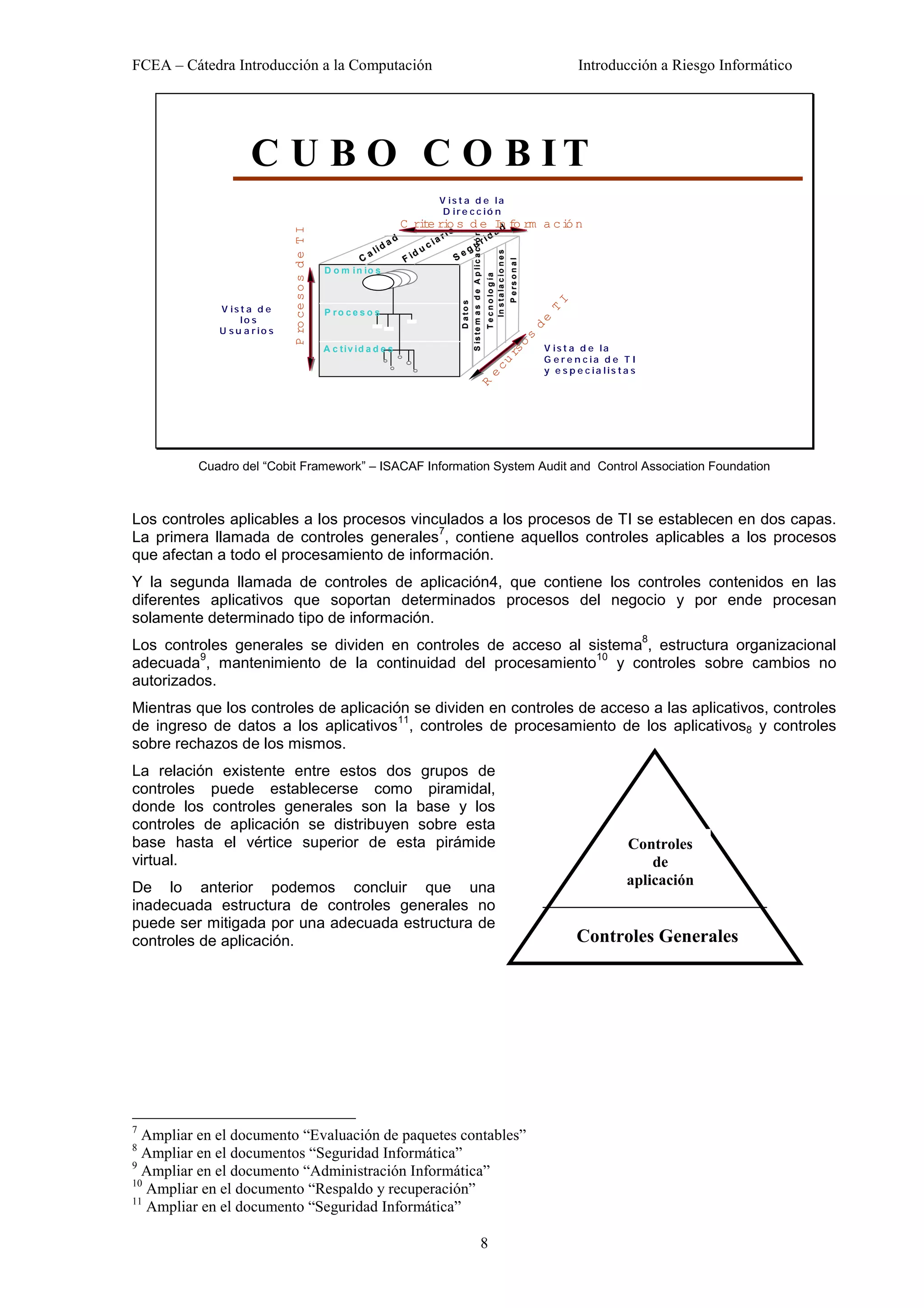 FCEA – Cátedra Introducción a la Computación                                                                                                                                                               Introducción a Riesgo Informático




                    C U B O C O B IT
                                                                                           V i s t a d e la
                                                                                            D ire c c ió n
                                                                              C ri e ri s d e Id f rm a c i n
                                                                                  t o          n o         ó




                             P ro ce s o s d e T I
                                                                                               rio                                             da




                                                                                                         S is t e m a s d e A p li c a c ió n
                                                                          d               ia                                                ri
                                                                   i   da             c                     u
                                                                al                 du                    eg




                                                                                                                                                    In s t a la c i o n e s
                                                              C               Fi                     S




                                                                                                                                                                              P e rs o n a l
                                                     D o m i n io s




                                                                                                                                                T e c n o lo g ía




                                                                                                                                                                                                       I
                                                                                                                 D a to s
             V is t a d e




                                                                                                                                                                                                    T
                                                     P ro ce s o s
                  lo s




                                                                                                                                                                                                   e
                                                                                                                                                                                               d
             U s u a rio s




                                                                                                                                                                                               s
                                                                                                                                                                                 o
                                                     A c tiv id a d e s                                                                                                                            V i s t a d e la




                                                                                                                                                                              rs
                                                                                                                                                                                                   G e r e n c ia d e T I




                                                                                                                                                          cu
                                                                                                                                                                                                   y e s p e c ia lis ta s




                                                                                                                                                e
                                                                                                                                       R
          Cuadro del “Cobit Framework” – ISACAF Information System Audit and Control Association Foundation



Los controles aplicables a los procesos vinculados a los procesos de TI se establecen en dos capas.
                                            7
La primera llamada de controles generales , contiene aquellos controles aplicables a los procesos
que afectan a todo el procesamiento de información.
Y la segunda llamada de controles de aplicación4, que contiene los controles contenidos en las
diferentes aplicativos que soportan determinados procesos del negocio y por ende procesan
solamente determinado tipo de información.
                                                                                                                                                                                                                             8
Los controles generales se dividen en controles de acceso al sistema , estructura organizacional
          9                                                   10
adecuada , mantenimiento de la continuidad del procesamiento y controles sobre cambios no
autorizados.
Mientras que los controles de aplicación se dividen en controles de acceso a las aplicativos, controles
                                       11
de ingreso de datos a los aplicativos , controles de procesamiento de los aplicativos8 y controles
sobre rechazos de los mismos.
La relación existente entre estos dos grupos de
controles puede establecerse como piramidal,
donde los controles generales son la base y los
controles de aplicación se distribuyen sobre esta
base hasta el vértice superior de esta pirámide                                                                                                                                                                        Controles
virtual.                                                                                                                                                                                                                   de
De lo anterior podemos concluir que una                                                                                                                                                                                aplicación
inadecuada estructura de controles generales no
puede ser mitigada por una adecuada estructura de
controles de aplicación.                                                                                                                                                                                   Controles Generales




7
  Ampliar en el documento “Evaluación de paquetes contables”
8
  Ampliar en el documentos “Seguridad Informática”
9
  Ampliar en el documento “Administración Informática”
10
   Ampliar en el documento “Respaldo y recuperación”
11
   Ampliar en el documento “Seguridad Informática”

                                                                                                                                         8
 