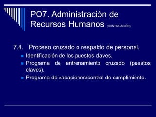 PO7. Administración de
Recursos Humanos (CONTINUACIÓN)
7.4. Proceso cruzado o respaldo de personal.
 Identificación de los puestos claves.
 Programa de entrenamiento cruzado (puestos
claves).
 Programa de vacaciones/control de cumplimiento.
 
