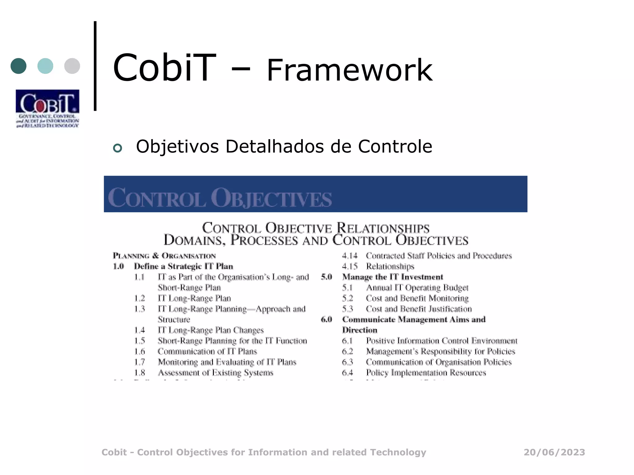 20/06/2023
Cobit - Control Objectives for Information and related Technology
CobiT – Framework
 Objetivos Detalhados de Controle
 