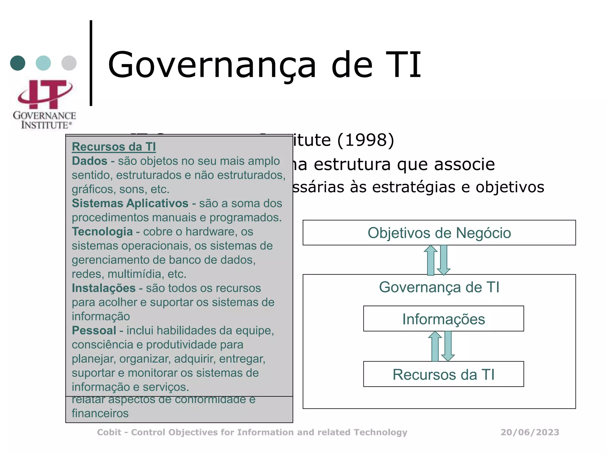 20/06/2023
Cobit - Control Objectives for Information and related Technology
Governança de TI
 IT Governance Institute (1998)
 A GTI de prover uma estrutura que associe
 Informações necessárias às estratégias e objetivos
da empresa
 Recursos da TI
 Processos da TI
Objetivos de Negócio
Governança de TI
Informações
Recursos da TI
Critérios de Informação
Eficácia - informação que está sendo
relevante e pertinente ao negócio
Eficiência - provisão da informação
através do uso produtivo e econômico do
recurso
Confidencialidade - proteção da
informação sigilosa contra a revelação
não autorizada
Integridade - exatidão e incerteza da
informação
Disponibilidade - informação
disponibilizada quando requerida
Conformidade - cumprimento das leis,
regulamentos e arranjos contratuais aos
quais o negócio está sujeito
Confiabilidade - provisão de informação
apropriada para operar a entidade e
relatar aspectos de conformidade e
financeiros
Recursos da TI
Dados - são objetos no seu mais amplo
sentido, estruturados e não estruturados,
gráficos, sons, etc.
Sistemas Aplicativos - são a soma dos
procedimentos manuais e programados.
Tecnologia - cobre o hardware, os
sistemas operacionais, os sistemas de
gerenciamento de banco de dados,
redes, multimídia, etc.
Instalações - são todos os recursos
para acolher e suportar os sistemas de
informação
Pessoal - inclui habilidades da equipe,
consciência e produtividade para
planejar, organizar, adquirir, entregar,
suportar e monitorar os sistemas de
informação e serviços.
 