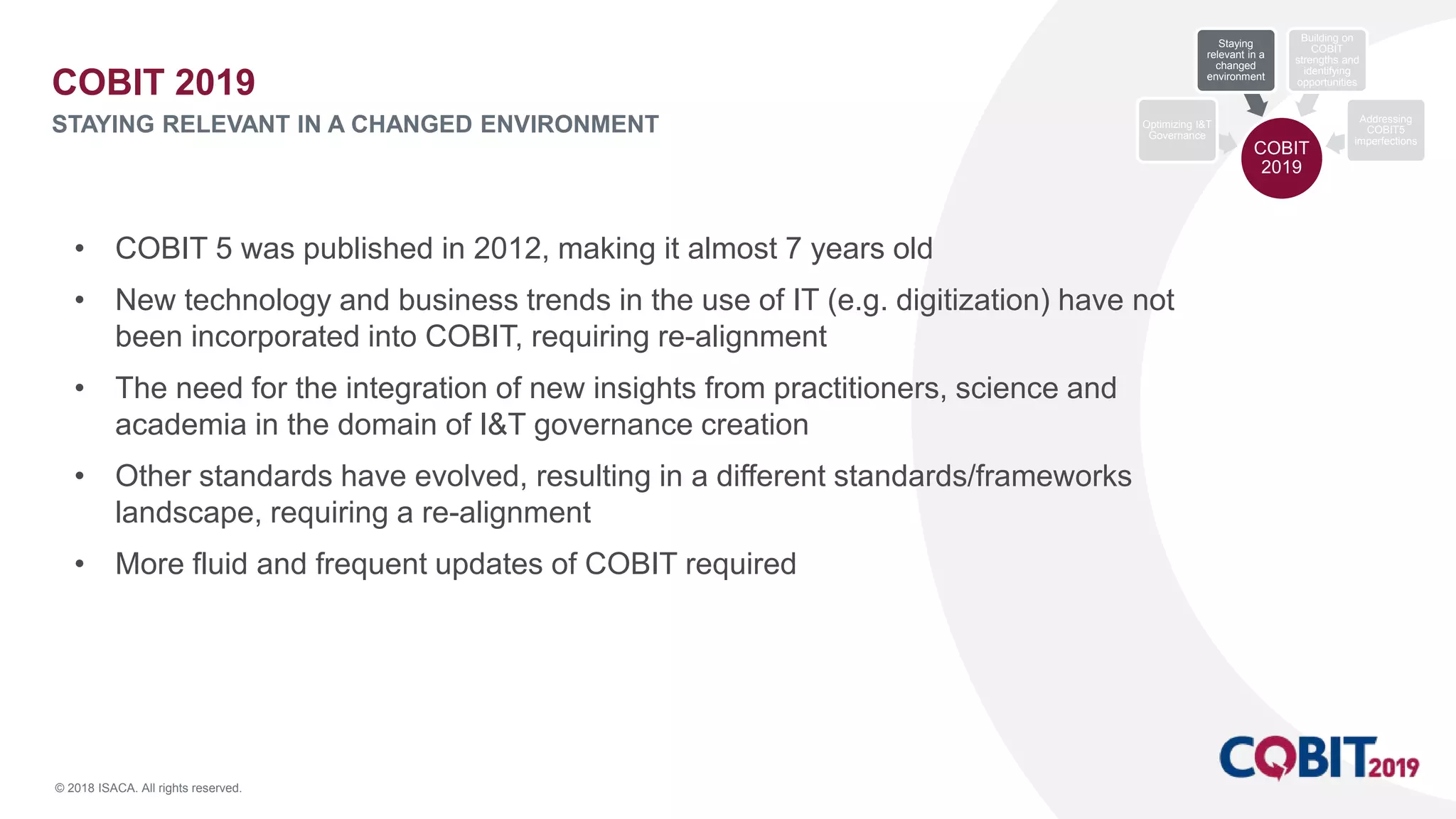 © 2018 ISACA. All rights reserved.
COBIT 2019
STAYING RELEVANT IN A CHANGED ENVIRONMENT
• COBIT 5 was published in 2012, making it almost 7 years old
• New technology and business trends in the use of IT (e.g. digitization) have not
been incorporated into COBIT, requiring re-alignment
• The need for the integration of new insights from practitioners, science and
academia in the domain of I&T governance creation
• Other standards have evolved, resulting in a different standards/frameworks
landscape, requiring a re-alignment
• More fluid and frequent updates of COBIT required
COBIT
2019
Optimizing I&T
Governance
Staying
relevant in a
changed
environment
Building on
COBIT
strengths and
identifying
opportunities
Addressing
COBIT5
imperfections
 