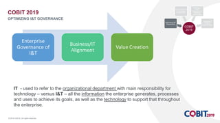 © 2018 ISACA. All rights reserved.
COBIT 2019
OPTIMIZING I&T GOVERNANCE
Enterprise
Governance of
I&T
Business/IT
Alignment
Value Creation
IT - used to refer to the organizational department with main responsibility for
technology – versus I&T – all the information the enterprise generates, processes
and uses to achieve its goals, as well as the technology to support that throughout
the enterprise.
COBIT
2019
Optimizing I&T
Governance
Staying relevant
in a changed
environment
Building on
COBIT
strengths and
identifying
opportunities
Addressing
COBIT5
imperfections
 