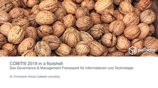 COBIT® 2019 in a Nutshell
Das Governance & Management Framework für Informationen und Technologie
Dr. Christopher Schulz | palladio consulting
 