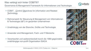 Seite 2
Was verbirgt sich hinter COBIT®?
Governance & Management Framework für Informationen und Technologie
▪ COBIT…Control Objectives for Information and Related
Technology
▪ Rahmenwerk für Steuerung & Management von Informationen
& Technologie (I&T) im gesamten Unternehmen
▪ Unabhängig von der Branche, Größe und Technologie
▪ Anwender sind Management, Fach- und IT-Bereiche
▪ Verantwortet und weiterentwickelt durch die 1969 gegründete
unabhängige non-profit Organisation ISACA
Abbildungsquelle: © ISACA, 2018 | Pixabay.com – Didgeman
 