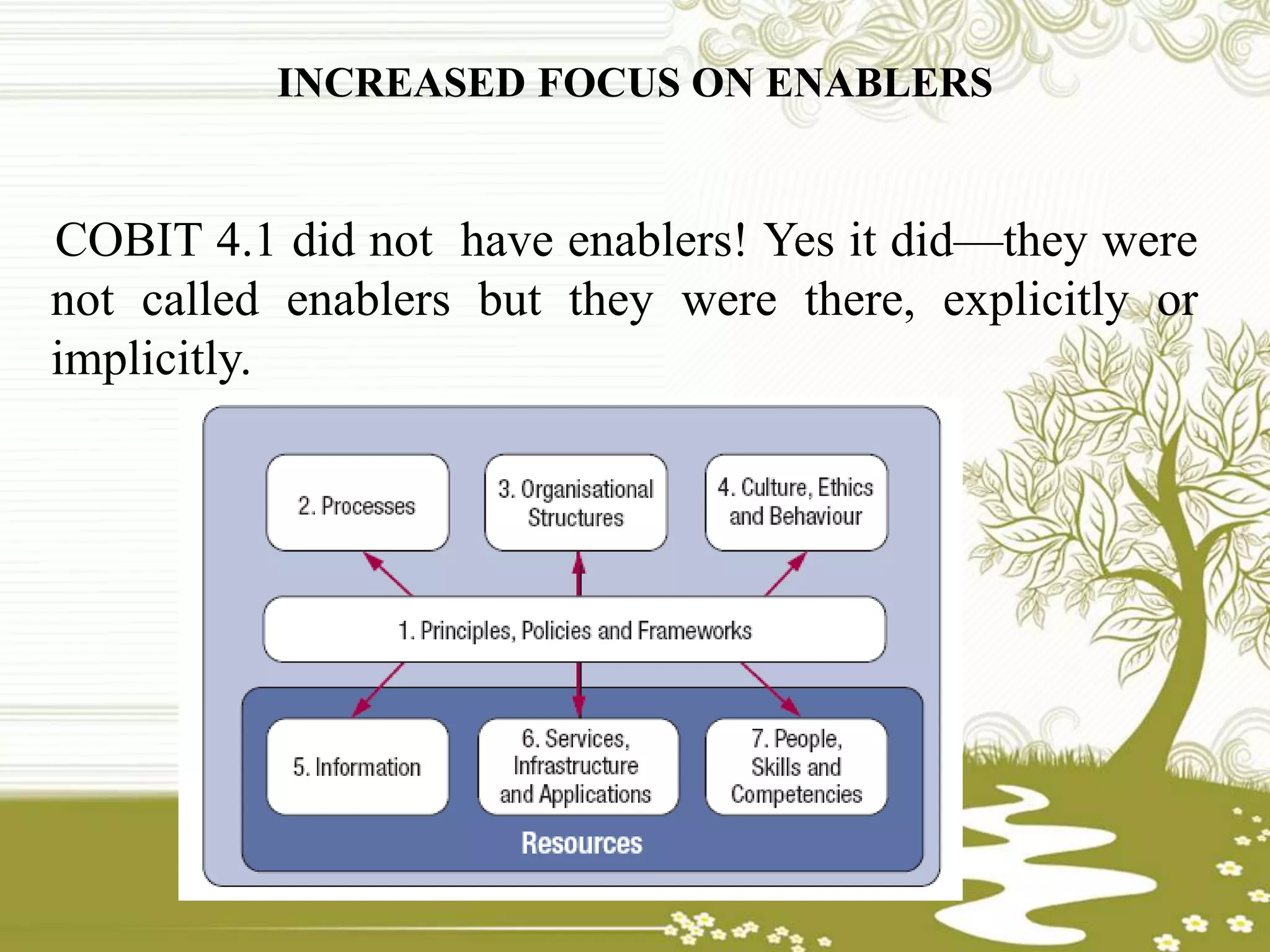 INCREASED FOCUS ON ENABLERS
COBIT 4.1 did not have enablers! Yes it did—they were
not called enablers but they were there, explicitly or
implicitly.
 