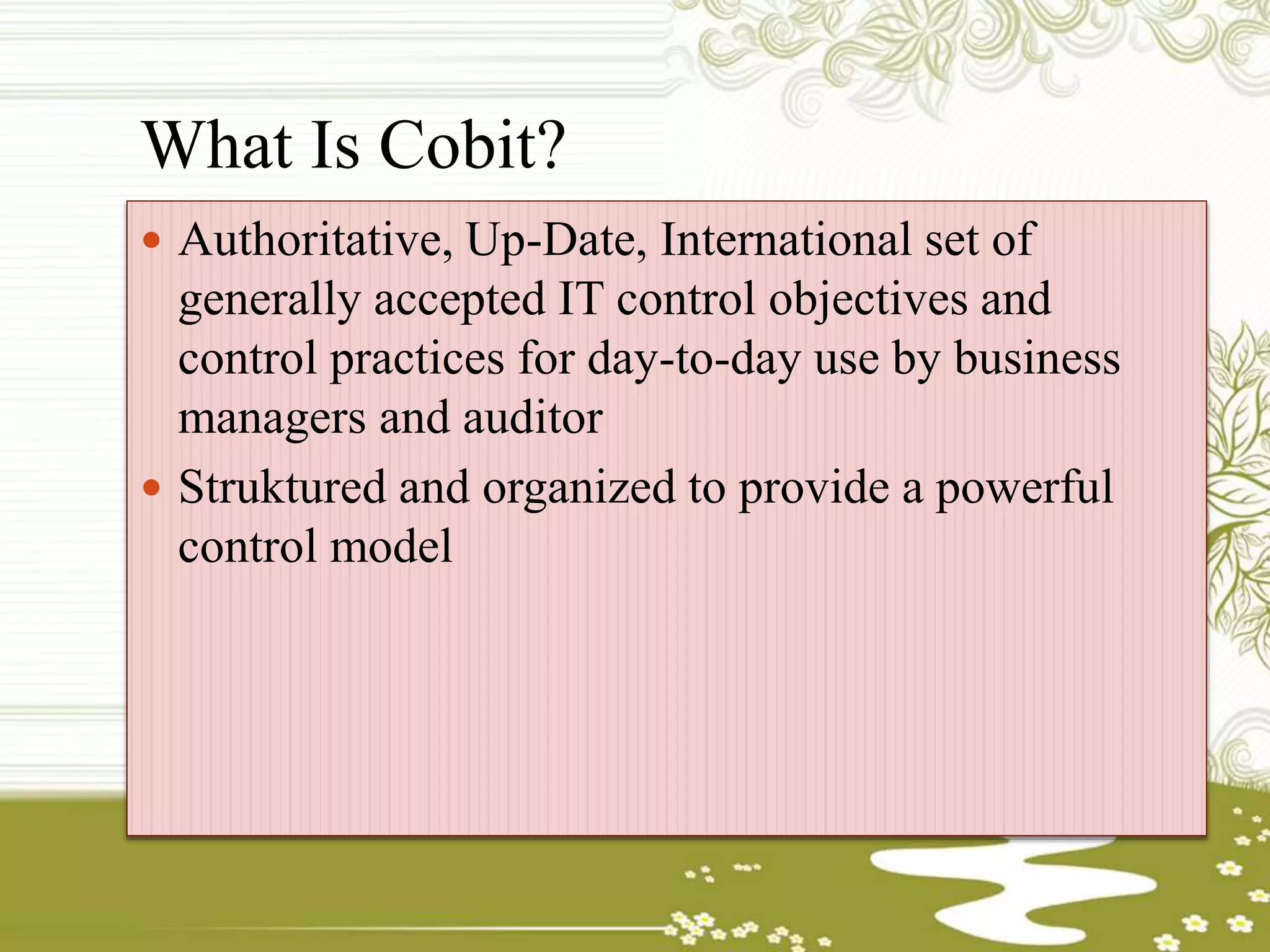 What Is Cobit?
 Authoritative, Up-Date, International set of
generally accepted IT control objectives and
control practices for day-to-day use by business
managers and auditor
 Struktured and organized to provide a powerful
control model
 