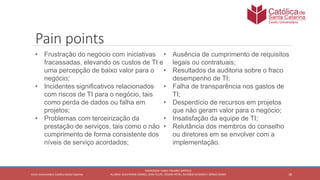 18
PROFESSOR: FABIO TAVARES DIPPOLD
ALUNOS: GUILHERME DEMKO, JEAN FELIPE, OSMAR PETRY, RICARDO SCHERER E SÉRGIO ROIKOCetro Universitário Católica Santa Catarina
Pain points
• Frustração do negócio com iniciativas
fracassadas, elevando os custos de TI e
uma percepção de baixo valor para o
negócio;
• Incidentes significativos relacionados
com riscos de TI para o negócio, tais
como perda de dados ou falha em
projetos;
• Problemas com terceirização da
prestação de serviços, tais como o não
cumprimento de forma consistente dos
níveis de serviço acordados;
• Ausência de cumprimento de requisitos
legais ou contratuais;
• Resultados da auditoria sobre o fraco
desempenho de TI;
• Falha de transparência nos gastos de
TI;
• Desperdício de recursos em projetos
que não geram valor para o negócio;
• Insatisfação da equipe de TI;
• Relutância dos membros do conselho
ou diretores em se envolver com a
implementação.
 