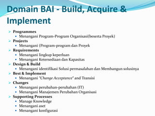 Domain BAI - Build, Acquire &
Implement
 Programmes
 Menangani Program-Program Organisasi(beserta Proyek)
 Projects
 Menangani (Program-program dan Proyek
 Requirements
 Menangani lingkup keperluan
 Menangani Ketersediaan dan Kapasitas
 Design & Build
 Menangani identifikasi Solusi permasalahan dan Membangun solusinya
 Best & Implement
 Menangani “Change Acceptance“ and Transisi
 Changes
 Menangani perubahan-perubahan (IT)
 Menangani Manajemen Perubahan Organisasi
 Supporting Processes
 Manage Knowledge
 Menangani aset
 Menangani konfigurasi
 