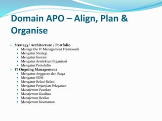 Domain APO – Align, Plan &
Organise
 Strategy/ Architecture / Portfolio
 Manage the IT Management Framework
 Mengatur Strategi
 Mengatur Inovasi
 Mengatur Arsitektur Organisasi
 Mengatur Portofolio
 IT Ongoing Management
 Mengatur Anggaran dan Biaya
 Mengatur SDM
 Mengatur Relasi-Relasi
 Mengatur Perjanjian Pelayanan
 Manajemen Pasokan
 Manajemen Kualitas
 Manajemen Resiko
 Manajemen Keamanan
 