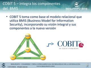 COBIT 5 – Integra los componentes 
del BMIS 
• COBIT 5 toma como base el modelo relacional que 
utiliza BMIS (Business Model for Information 
Security), incorporando su visión integral y sus 
componentes a la nueva versión 
© 2012 ISACA. All rights reserved. 
 