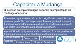 Capacitar a Mudança
O sucesso da implementação depende da implantação da
mudança adequada
Em muitas organizações, há um foco significativo no núcleo de
governança de TI - mas há pouca ênfase na gestão dos aspectos
humanos, comportamentais e culturais da mudança e motivação
das partes interessadas para aceitar a mudança.
A possibilidade de ignorarem e/ou resistirem à mudança deve ser
tratada por meio de uma abordagem estruturada e proativa.
Conscientizaçã
o
Compromisso
Comunicaçã
oRespost
Investimento Superar Barreiras
 