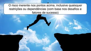 O risco inerente nos pontos acima, inclusive quaisquer
restrições ou dependências (com base nos desafios e
fatores de sucesso)
 