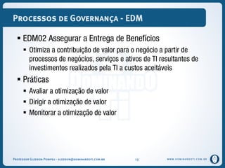 WWW.DOMINANDOTI.COM.BR
Processos de Governança - EDM
 EDM02 Assegurar a Entrega de Benefícios
 Otimiza a contribuição de valor para o negócio a partir de
processos de negócios, serviços e ativos de TI resultantes de
investimentos realizados pela TI a custos aceitáveis
 Práticas
 Avaliar a otimização de valor
 Dirigir a otimização de valor
 Monitorar a otimização de valor
Professor Gledson Pompeu - gledson@dominandoti.com.br 13
 