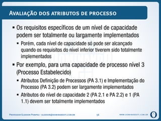 WWW.DOMINANDOTI.COM.BR
Avaliação dos atributos de processo
 Os requisitos específicos de um nível de capacidade
podem ser totalmente ou largamente implementados
 Porém, cada nível de capacidade só pode ser alcançado
quando os requisitos do nível inferior tiverem sido totalmente
implementados
 Por exemplo, para uma capacidade de processo nível 3
(Processo Estabelecido)
 Atributos Definição de Processos (PA 3.1) e Implementação do
Processo (PA 3.2) podem ser largamente implementados
 Atributos do nível de capacidade 2 (PA 2.1 e PA 2.2) e 1 (PA
1.1) devem ser totalmente implementados
Professor Gledson Pompeu - gledson@dominandoti.com.br 56
 