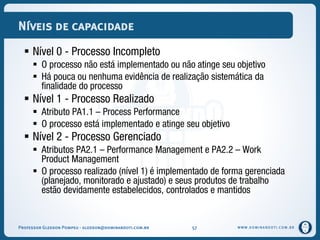 WWW.DOMINANDOTI.COM.BR
Níveis de capacidade
 Nível 0 - Processo Incompleto
 O processo não está implementado ou não atinge seu objetivo
 Há pouca ou nenhuma evidência de realização sistemática da
finalidade do processo
 Nível 1 - Processo Realizado
 Atributo PA1.1 – Process Performance
 O processo está implementado e atinge seu objetivo
 Nível 2 - Processo Gerenciado
 Atributos PA2.1 – Performance Management e PA2.2 – Work
Product Management
 O processo realizado (nível 1) é implementado de forma gerenciada
(planejado, monitorado e ajustado) e seus produtos de trabalho
estão devidamente estabelecidos, controlados e mantidos
Professor Gledson Pompeu - gledson@dominandoti.com.br 57
 