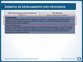 WWW.DOMINANDOTI.COM.BR
Exemplo de detalhamento dos processos
EDM01 Ensure Governance Framework Setting and
Maintenance
Area: Governance
Domain: Evaluate, Direct and Monitor
Process Description
Analyse and articulate the requirements for the governance of enterprise IT, and put in place and maintain effective
enabling structures, principles, processes and practices, with clarity of responsibilities and authority to achieve the
enterprise’s mission, goals and objectives.
Process Purpose Statement
Provide a consistent approach integrated and aligned with the enterprise governance approach. To ensure that IT-related
decisions are made in line with the enterprise’s strategies and objectives, ensure that IT-related processes are overseen
effectively and transparently, compliance with legal and regulatory requirements is confirmed, and the governance
requirements for board members are met.
Professor Gledson Pompeu - gledson@dominandoti.com.br 5
 