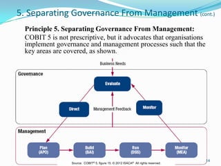 5. Separating Governance From Management (cont.)
Principle 5. Separating Governance From Management:
COBIT 5 is not prescriptive, but it advocates that organisations
implement governance and management processes such that the
key areas are covered, as shown.
14
Source: COBIT® 5, figure 15. © 2012 ISACA® All rights reserved.
 