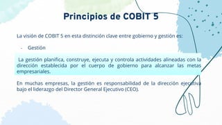 La visión de COBIT 5 en esta distinción clave entre gobierno y gestión es:
- Gestión
La gestión planiﬁca, construye, ejecu...