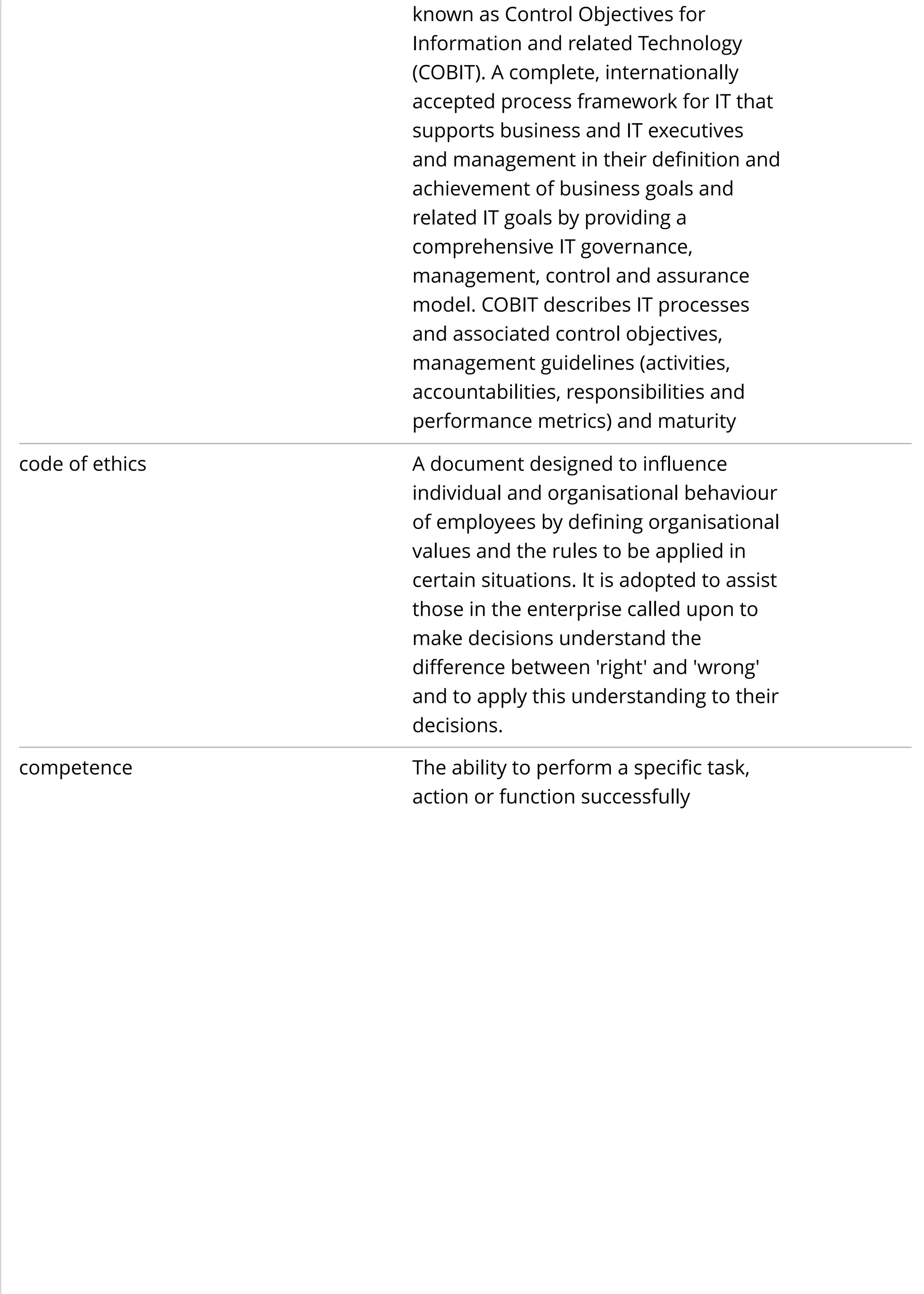 known as Control Objectives for
Information and related Technology
(COBIT). A complete, internationally
accepted process framework for IT that
supports business and IT executives
and management in their definition and
achievement of business goals and
related IT goals by providing a
comprehensive IT governance,
management, control and assurance
model. COBIT describes IT processes
and associated control objectives,
management guidelines (activities,
accountabilities, responsibilities and
performance metrics) and maturity
code of ethics A document designed to influence
individual and organisational behaviour
of employees by defining organisational
values and the rules to be applied in
certain situations. It is adopted to assist
those in the enterprise called upon to
make decisions understand the
difference between 'right' and 'wrong'
and to apply this understanding to their
decisions.
competence The ability to perform a specific task,
action or function successfully
 