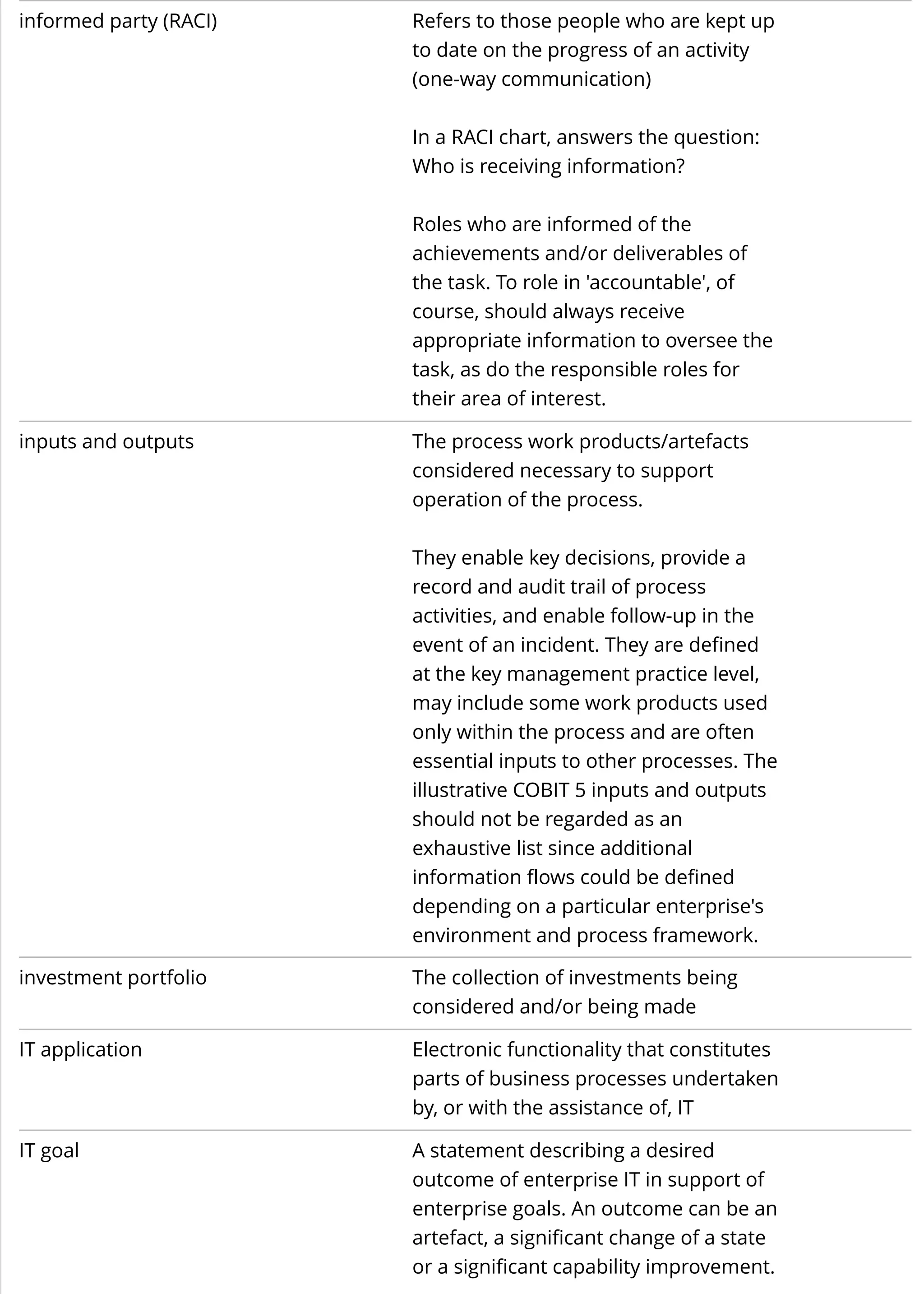 informed party (RACI) Refers to those people who are kept up
to date on the progress of an activity
(one-way communication)
In a RACI chart, answers the question:
Who is receiving information?
Roles who are informed of the
achievements and/or deliverables of
the task. To role in 'accountable', of
course, should always receive
appropriate information to oversee the
task, as do the responsible roles for
their area of interest.
inputs and outputs The process work products/artefacts
considered necessary to support
operation of the process.
They enable key decisions, provide a
record and audit trail of process
activities, and enable follow-up in the
event of an incident. They are defined
at the key management practice level,
may include some work products used
only within the process and are often
essential inputs to other processes. The
illustrative COBIT 5 inputs and outputs
should not be regarded as an
exhaustive list since additional
information flows could be defined
depending on a particular enterprise's
environment and process framework.
investment portfolio The collection of investments being
considered and/or being made
IT application Electronic functionality that constitutes
parts of business processes undertaken
by, or with the assistance of, IT
IT goal A statement describing a desired
outcome of enterprise IT in support of
enterprise goals. An outcome can be an
artefact, a significant change of a state
or a significant capability improvement.
 