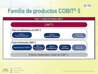 (51) 9-8935-4789
proyectos_tic@jagi.pe
www.jagi.pe
34
Familia de productos COBIT® 5
Fuente COBIT® 5, © 2012 ISACA® Todos l...