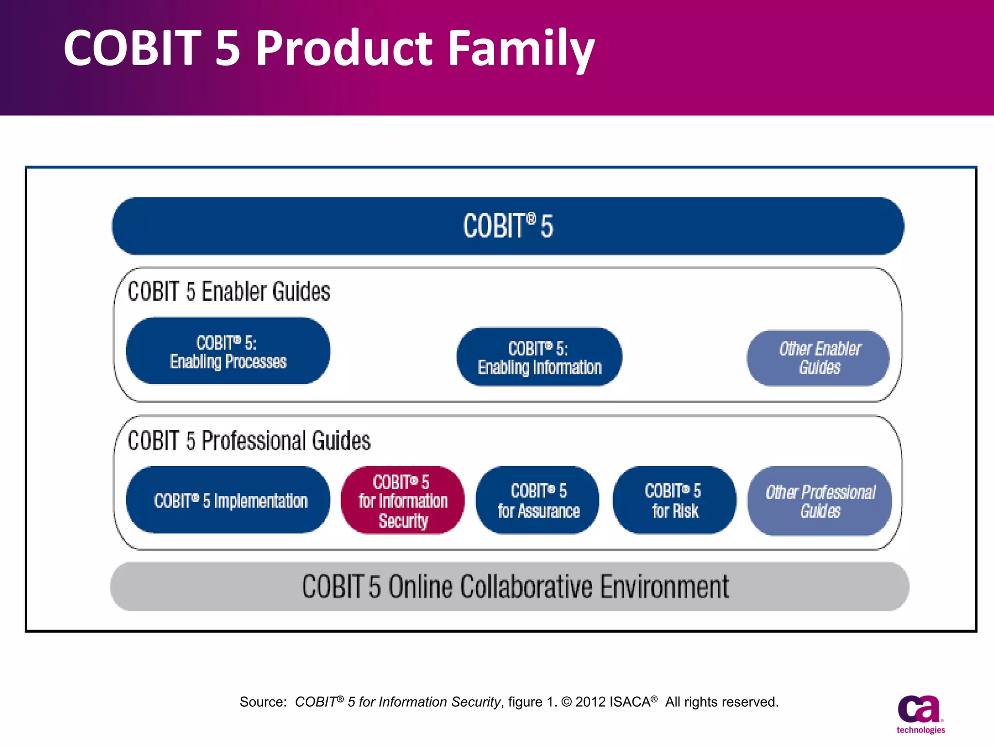 COBIT 5 Product Family

Source: COBIT® 5 for Information Security, figure 1. © 2012 ISACA® All rights reserved.

 