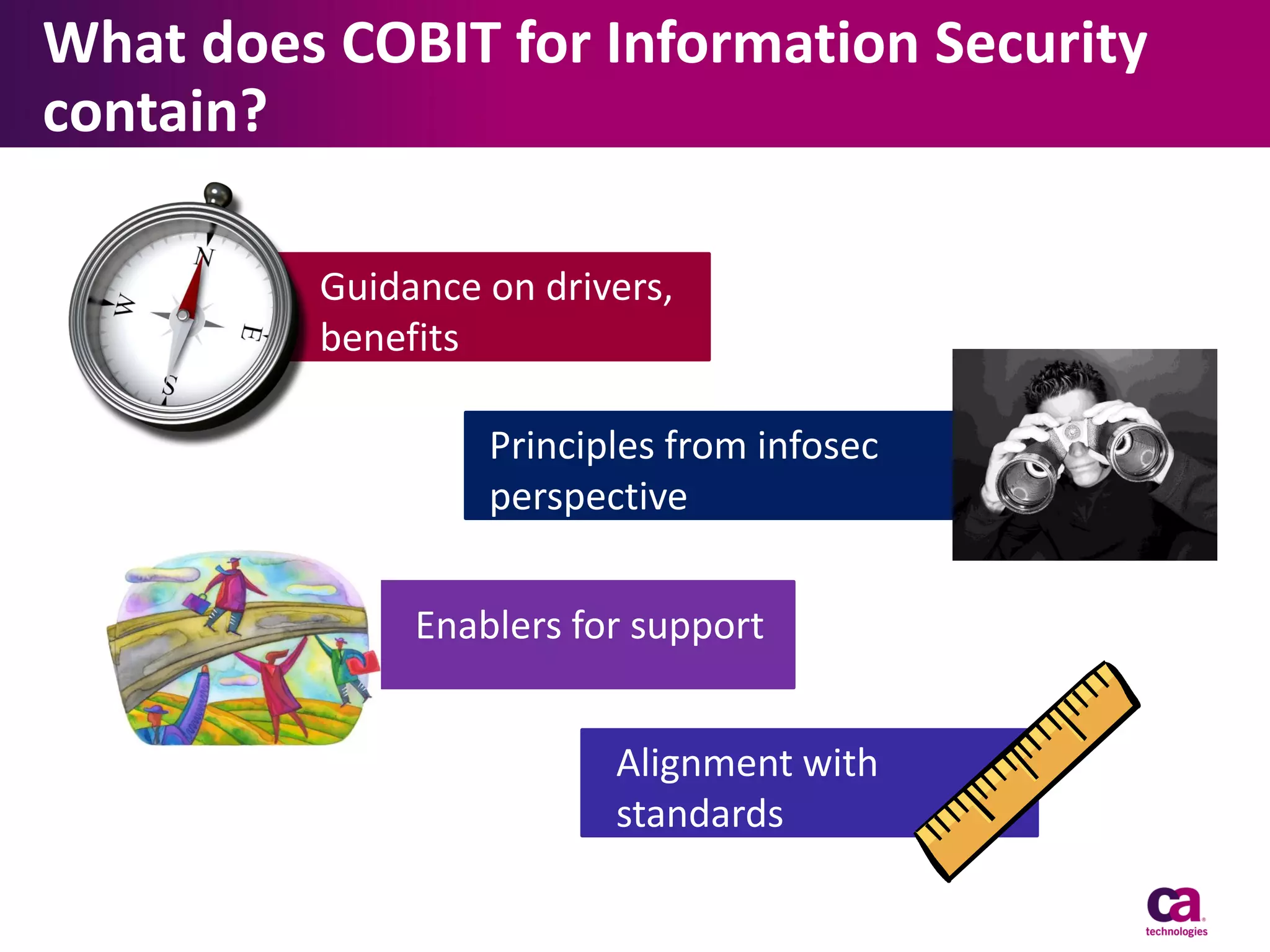 What does COBIT for Information Security
contain?
Guidance on drivers,
benefits
Principles from infosec
perspective
Enablers for support
Alignment with
standards

 