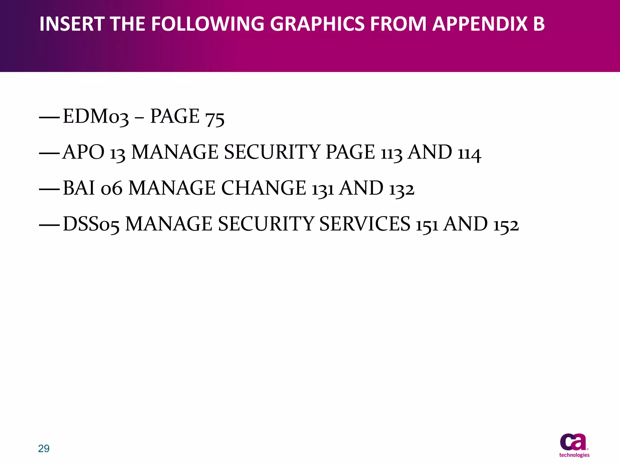 INSERT THE FOLLOWING GRAPHICS FROM APPENDIX B

— EDM03 – PAGE 75

— APO 13 MANAGE SECURITY PAGE 113 AND 114
— BAI 06 MANAGE CHANGE 131 AND 132
— DSS05 MANAGE SECURITY SERVICES 151 AND 152

29

 