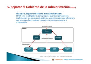 e-auditoria.com | Auditoría bajo normas internacionales
Principio 5. Separar el Gobierno de la Administración:
COBIT 5 no es obligatorio, pero propone que las organizaciones
implementen los procesos de gobierno y administración de tal manera
que las áreas claves queden cubiertas, tal como se muestra a
continuación:
Fuente: COBIT® 5, Figura 15. © 2012 ISACA® Todos derechos reservados.
Administración
Gobierno
Necesidades del Negocio
Retroalimentación Gerencial
MonitorearDirijir
Evaluar
Planificar
(APO)
Construir
(BAI)
Operar
(DSS)
Monitorear
(MEA)
 
