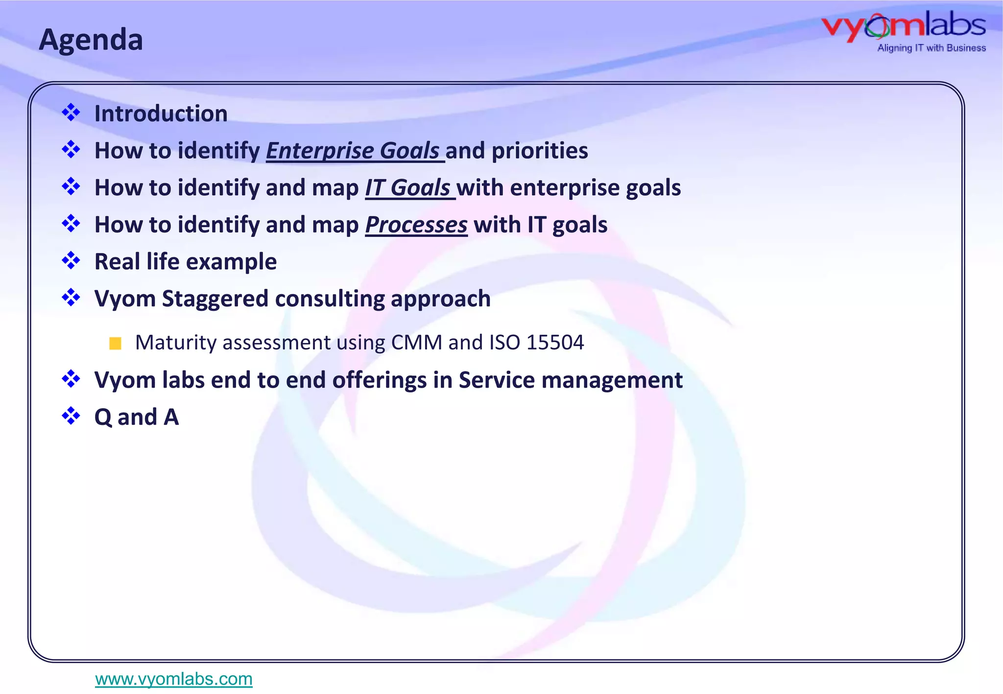 Agenda







Introduction
How to identify Enterprise Goals and priorities
How to identify and map IT Goals with enterprise goals
How to identify and map Processes with IT goals
Real life example
Vyom Staggered consulting approach
Maturity assessment using CMM and ISO 15504

 Vyom labs end to end offerings in Service management
 Q and A

www.vyomlabs.com

 
