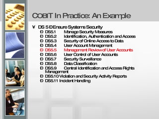 C OBI T In Practice: An Example DS 5 – Ensure Systems Security DS5.1 Manage Security Measures DS5.2 Identification, Authentication and Access DS5.3 Security of Online Access to Data DS5.4 User Account Management DS5.5 Management Review of User Accounts DS5.6 User Control of User Accounts DS5.7 Security Surveillance DS5.8 Data Classification DS5.9 Central Identification and Access Rights Management DS5.10 Violation and Security Activity Reports DS5.11 Incident Handling 